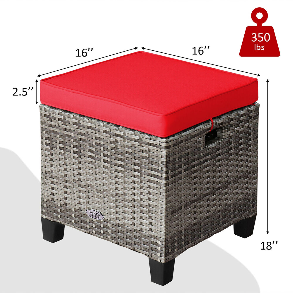 Red removable cushion on a 16" square outdoor rattan ottoman, made of durable PE rattan for patio or garden use.