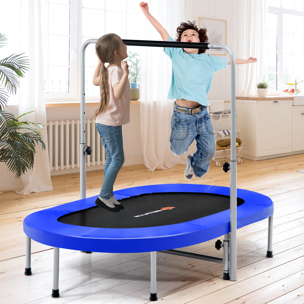 Two kids jumping on a blue 2-person foldable mini trampoline with an adjustable handle for fitness and fun indoors.