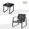 Size chart for 3-piece patio bistro set showing dimensions of chair and table, featuring anti-rust steel and tempered.