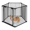 5-panel adjustable black metal fence for pets, featuring a walk-through door and sturdy design for versatile indoor use.
