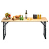 66.5-inch outdoor wood folding picnic table with food and drinks, featuring adjustable heights and rustic style for.