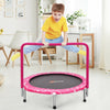 Kids trampoline with pink padded cover and foam handle, designed for indoor use, suitable for ages 3-10.