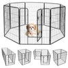 Heavy-duty 8-panel pet playpen with door, rust-resistant black coating, ideal for outdoor exercise and safety.