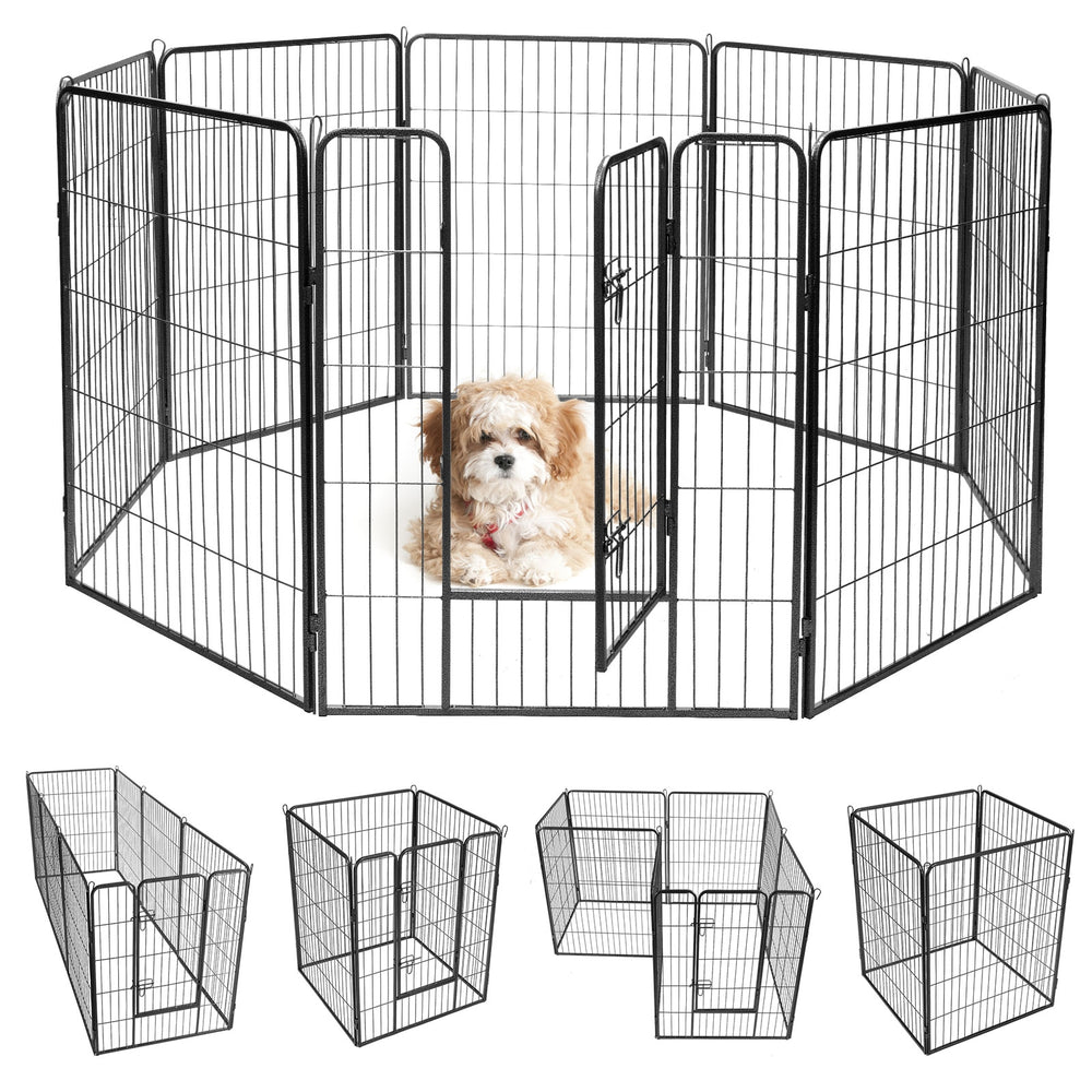 Heavy-duty 8-panel pet playpen with door, rust-resistant black coating, ideal for outdoor exercise and safety.