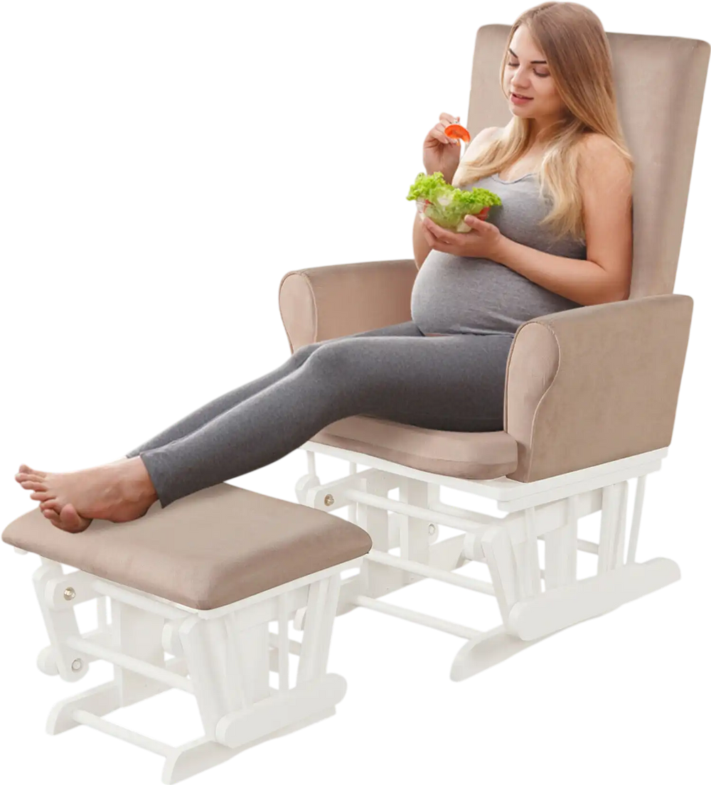 Pink baby nursery rocking chair glider with ottoman, featuring soft upholstery and ergonomic design for comfort.