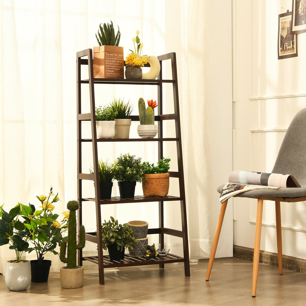4-Tier Bamboo Plant Rack with Guardrails Stable and Space-Saving-Brown - Gallery View 1 of 13