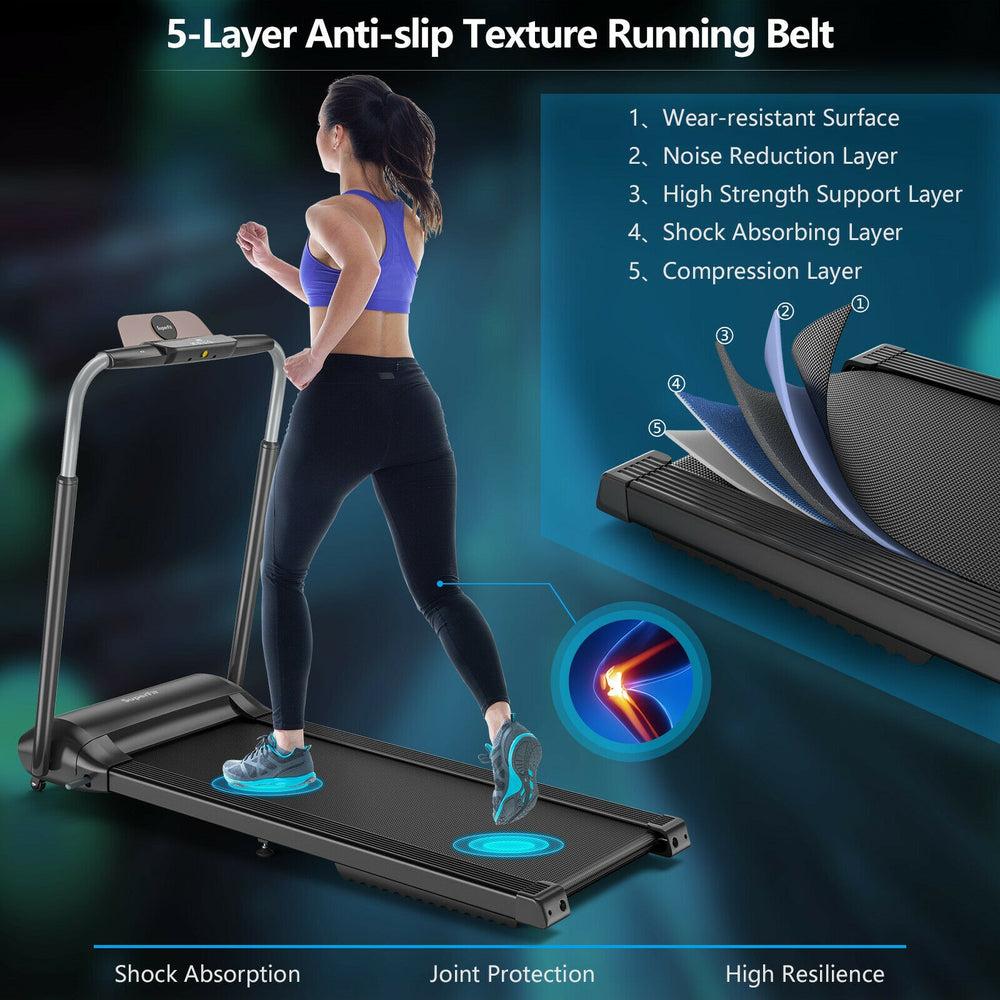 Compact folding treadmill with a 5-layer anti-slip running belt for shock absorption and noise reduction, ideal for.