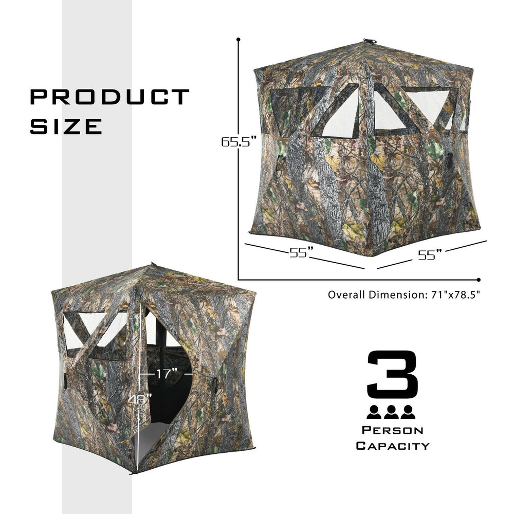 3 Person Portable Pop-Up Ground Hunting Blind with camouflage design, dimensions 71"x78.5", ideal for outdoor hunting.