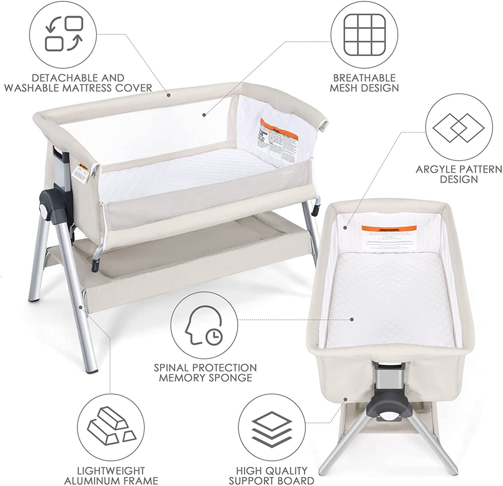 Portable baby bedside sleeper with adjustable height, angle, and breathable linen fabric for comfortable baby sleep.