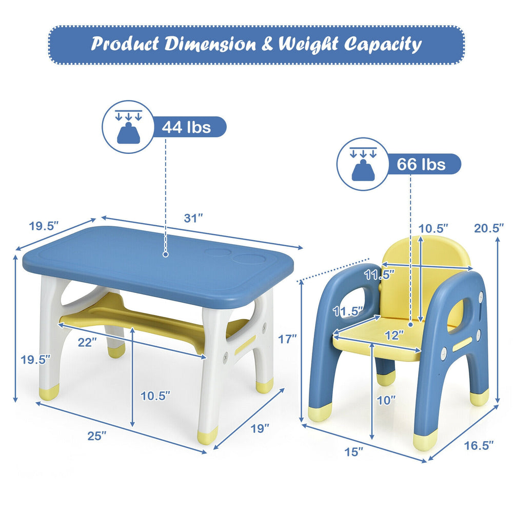 Kids activity table and chair set in blue with ergonomic design, featuring dinosaur shape and storage for preschool use.