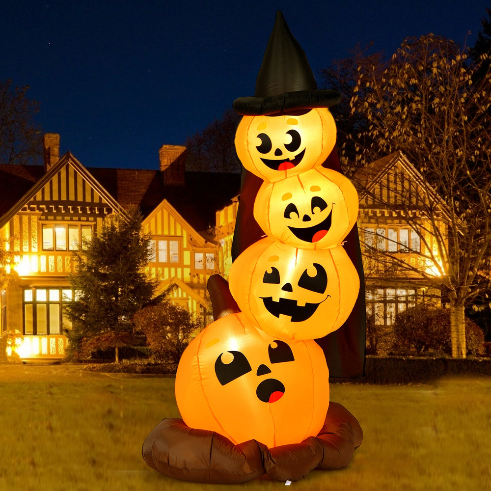 7-foot Halloween inflatable pumpkin combo with witch's hat, LED lights, and different expressions for festive outdoor.