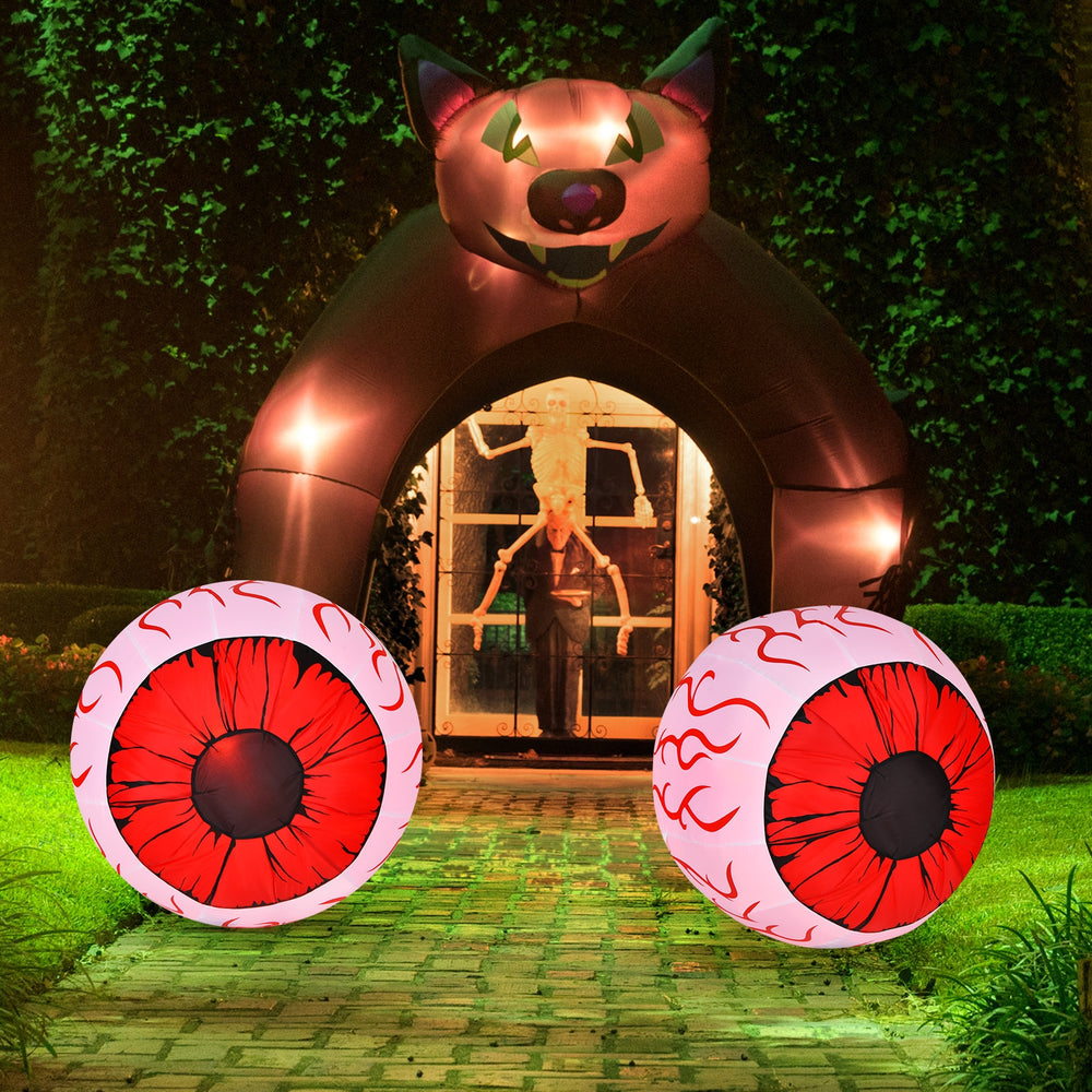Two 3-foot Halloween inflatable eyeballs with bloodshot patterns and red LED lights for spooky outdoor decoration.