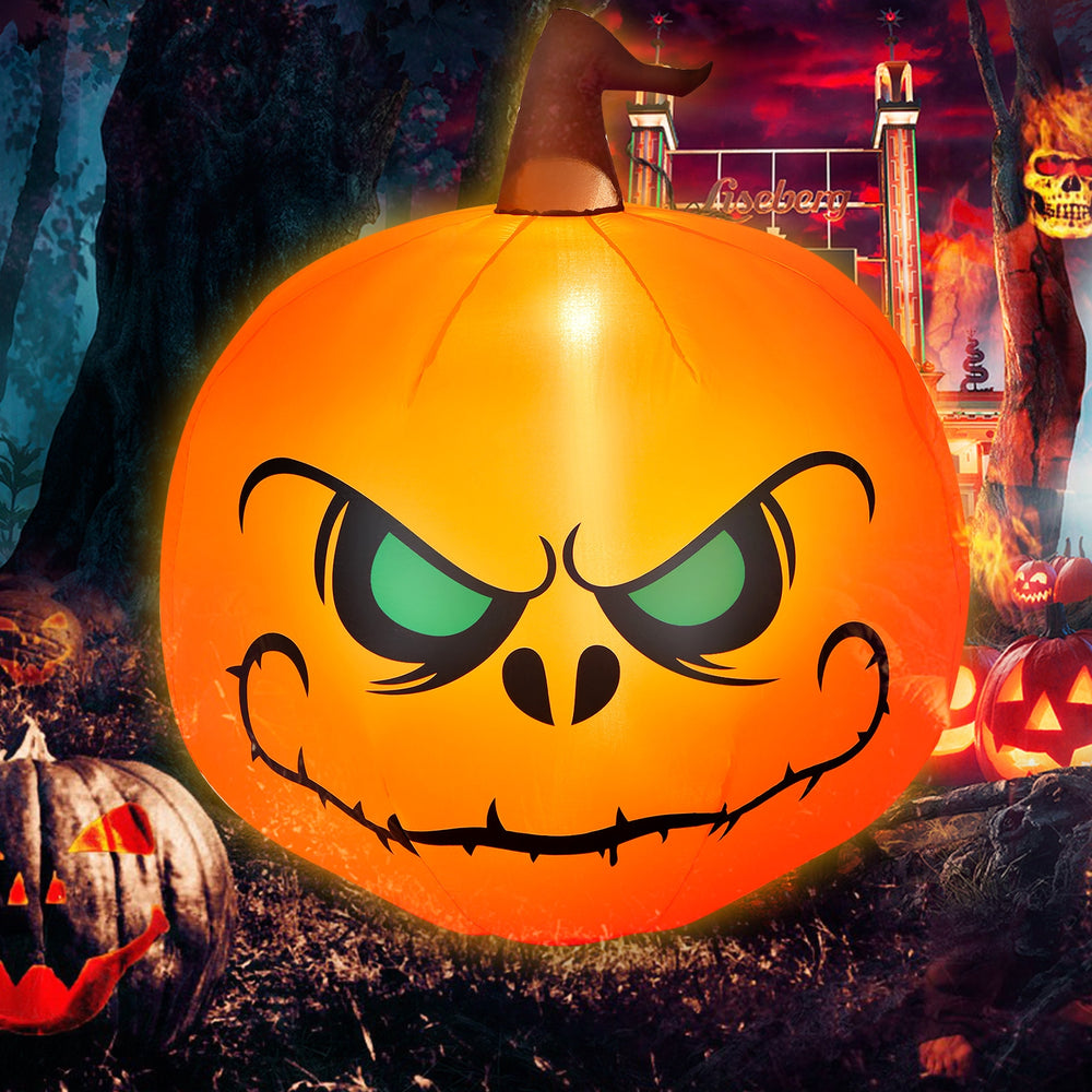 4-foot Halloween inflatable pumpkin with scary face and built-in LED light, perfect for outdoor decoration.