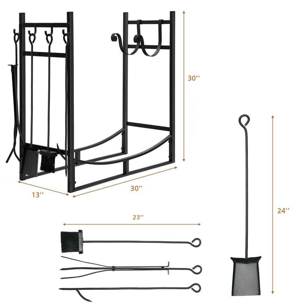 30-inch firewood rack with 4 tool set, including kindling holders, for indoor and outdoor firewood storage.