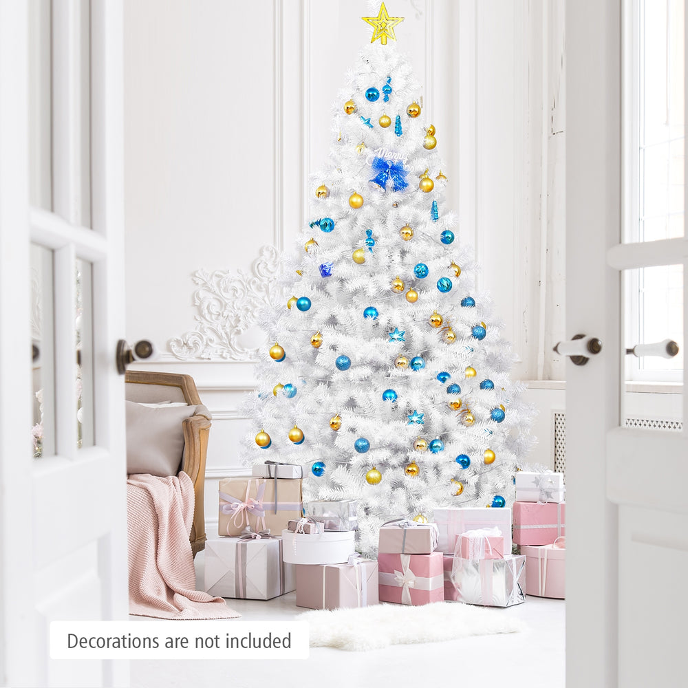 7.5 ft hinged artificial Christmas tree with thick PVC branches and a sturdy metal stand, ideal for festive home.