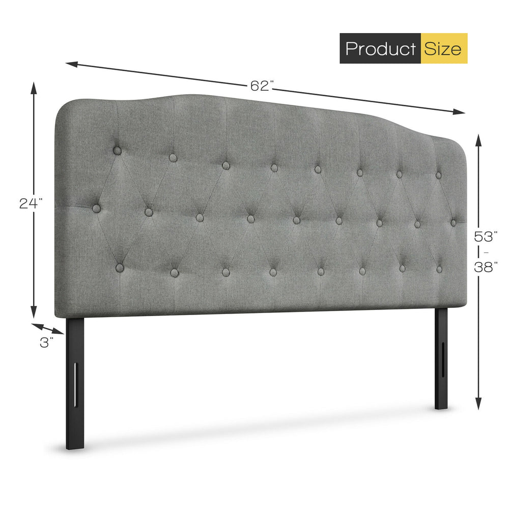 Light gray queen upholstered headboard with button stitching, adjustable heights of 38" or 53", suitable for various.