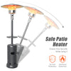 Gray propane standing patio heater with wheels, 87" tall, features tip-over protection and efficient heating for.