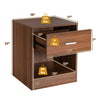 Brown nightstand with a storage drawer and open compartment, featuring sturdy wooden construction and anti-slip pads.