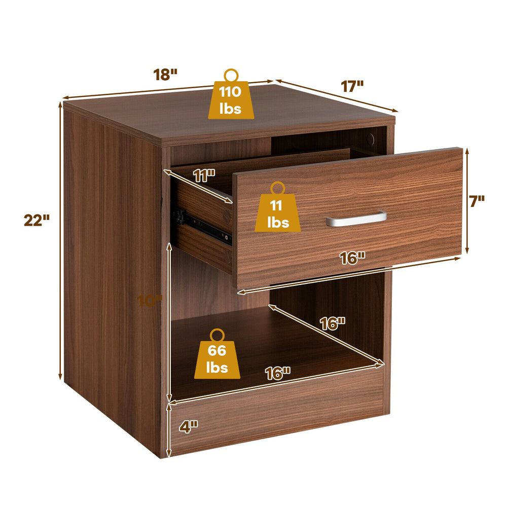Brown nightstand with a storage drawer and open compartment, featuring sturdy wooden construction and anti-slip pads.