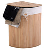 Bamboo laundry hamper with a thick lid and PU leather handles, featuring a removable liner for odor control.