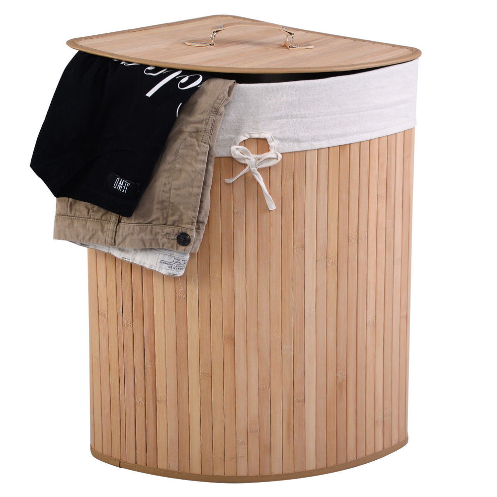 Bamboo laundry hamper with a thick lid and PU leather handles, featuring a removable liner for odor control.