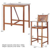 Acacia wood patio bar set featuring a table and two stools with sunflower patterned backrests, ideal for outdoor use.