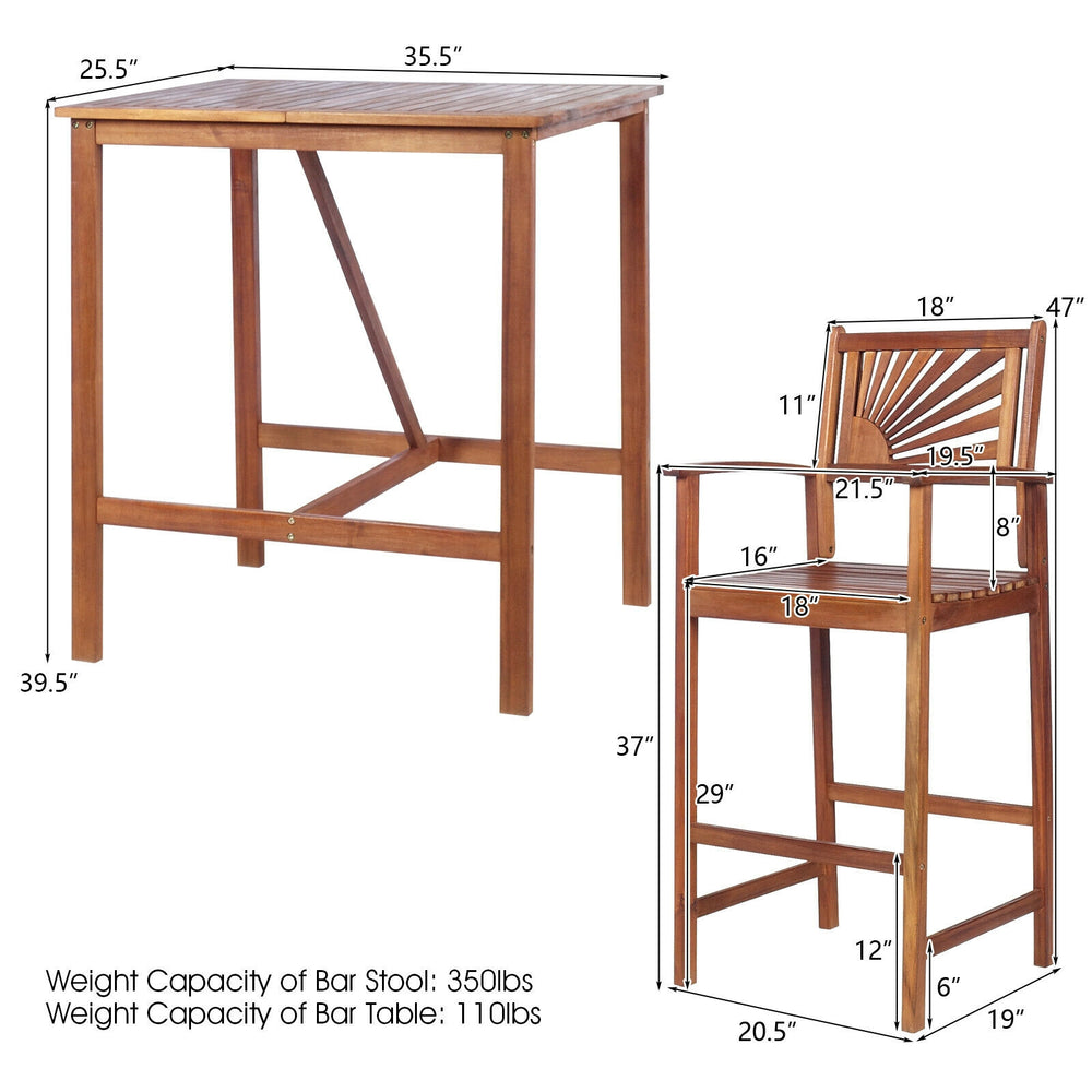 Acacia wood patio bar set featuring a table and two stools with sunflower patterned backrests, ideal for outdoor use.