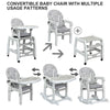 Convertible 3-in-1 baby high chair in gray, adjustable for dining, rocking, and play, with lockable wheels for easy.