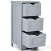 Freestanding gray bathroom storage organizer with three drawers, featuring cut-out handles and a sturdy MDF structure.