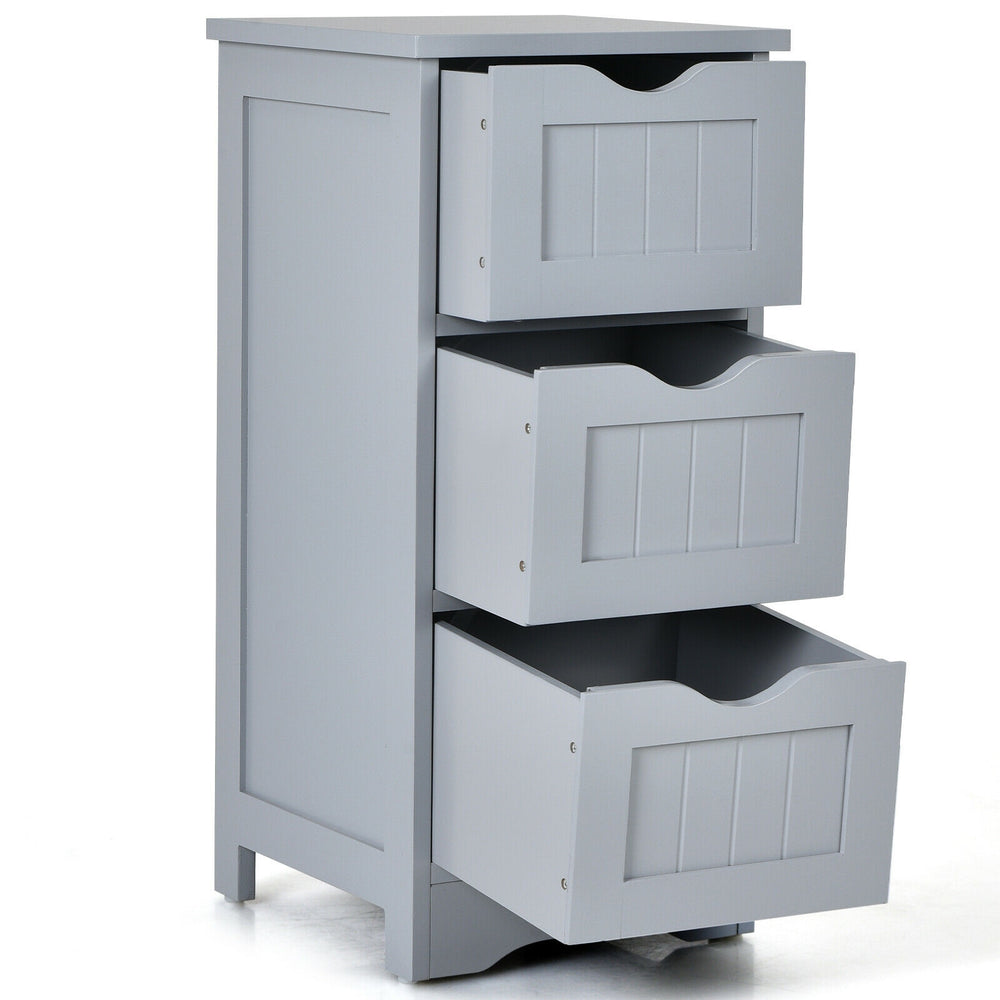 Freestanding gray bathroom storage organizer with three drawers, featuring cut-out handles and a sturdy MDF structure.