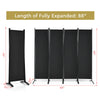 4-panel black room divider with a sturdy steel frame, fully expanded to 88 inches, ideal for indoor and outdoor use.
