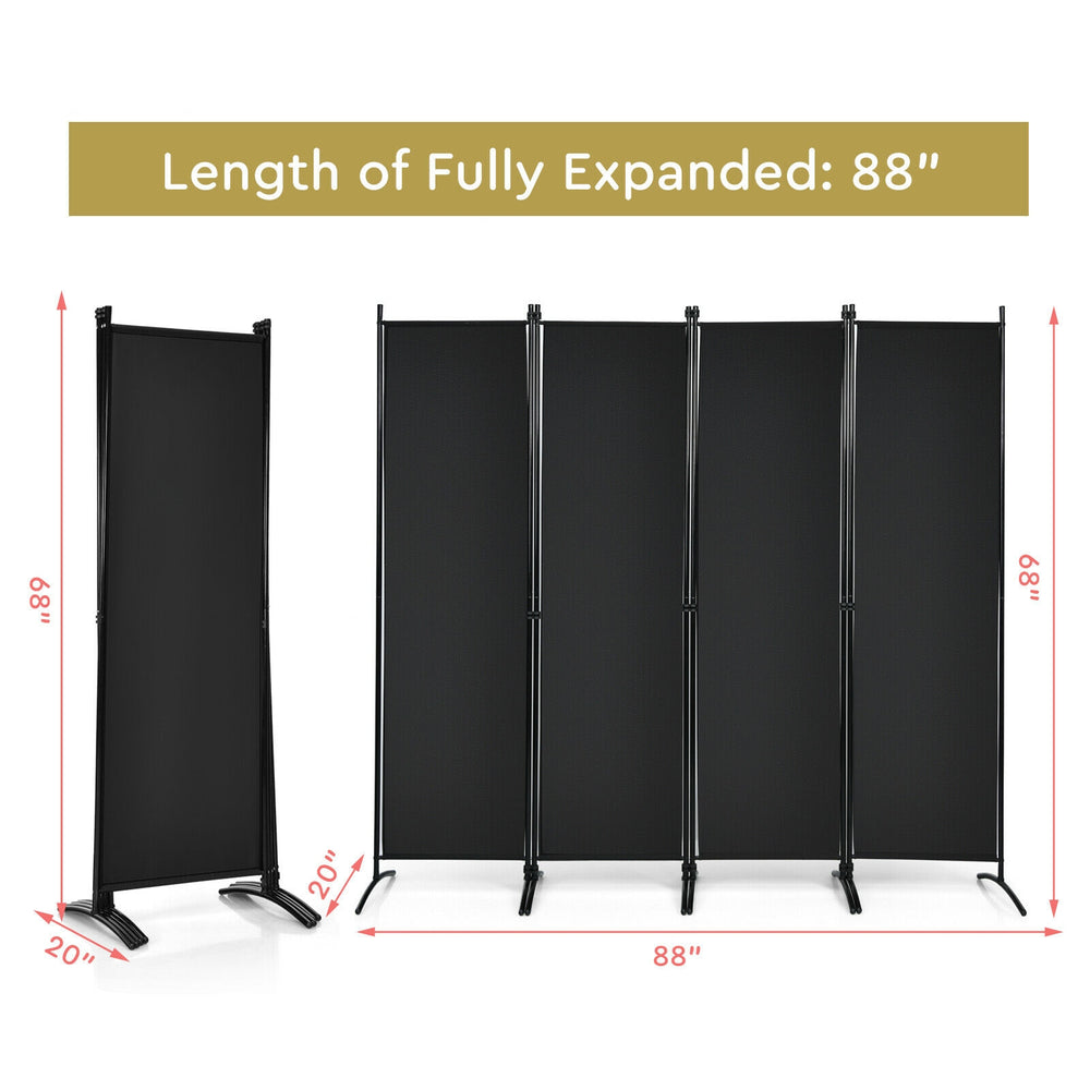 4-panel black room divider with a sturdy steel frame, fully expanded to 88 inches, ideal for indoor and outdoor use.