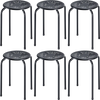 Set of 6 black backless round metal stools with daisy design, stackable for efficient storage, suitable for indoor and.