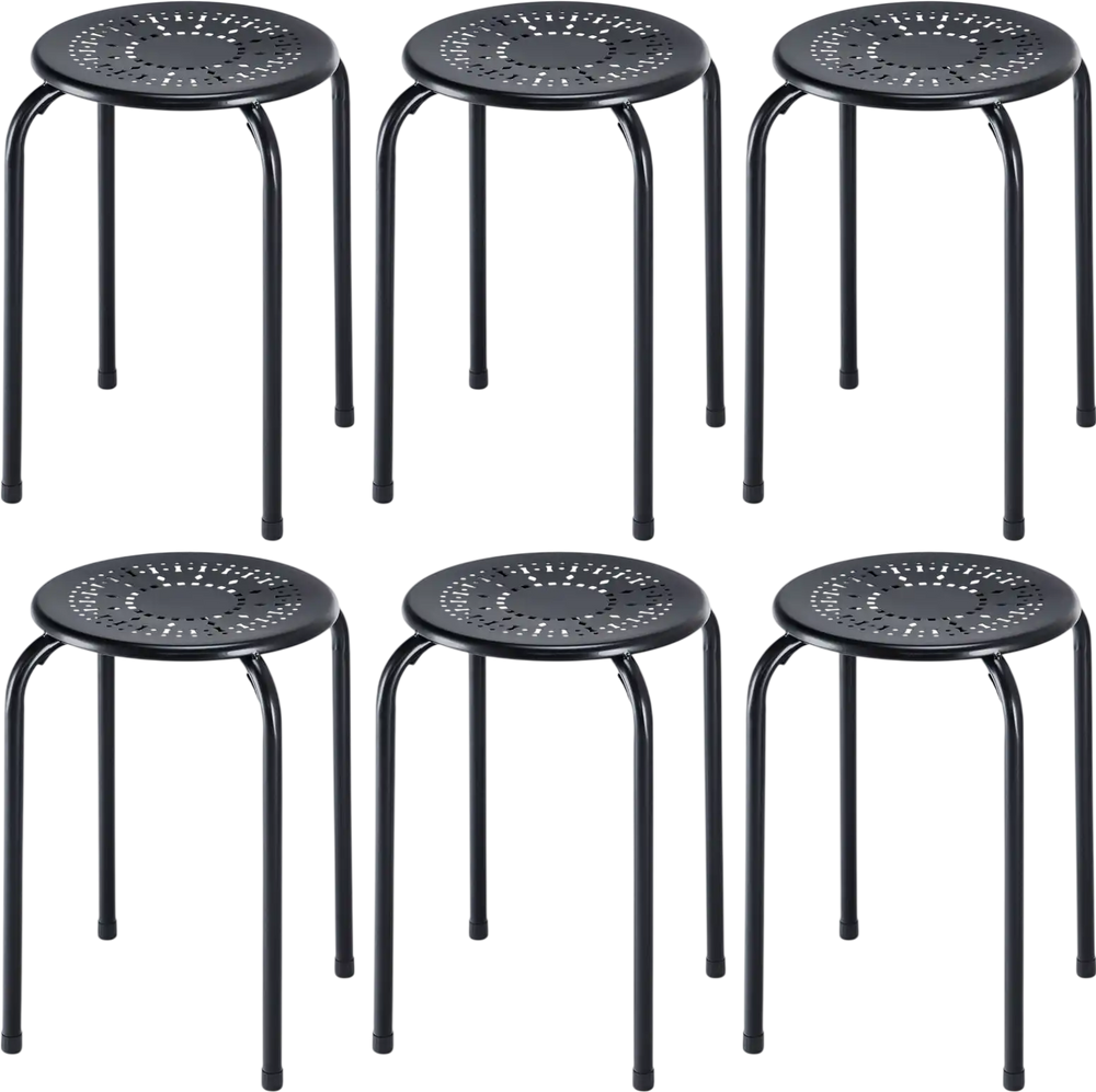 Set of 6 black backless round metal stools with daisy design, stackable for efficient storage, suitable for indoor and.