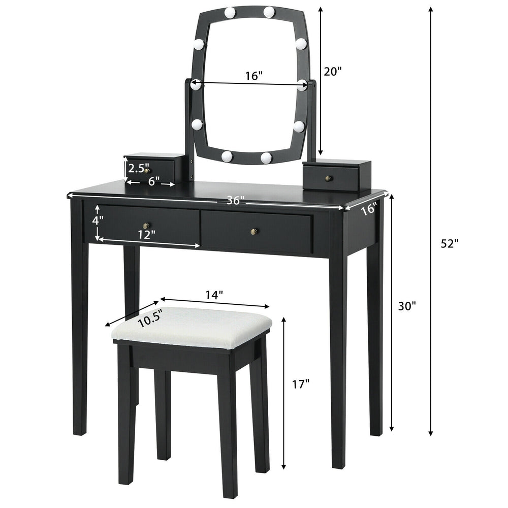 Vanity table set with lighted mirror, black finish, includes padded stool and ample storage for cosmetics and.