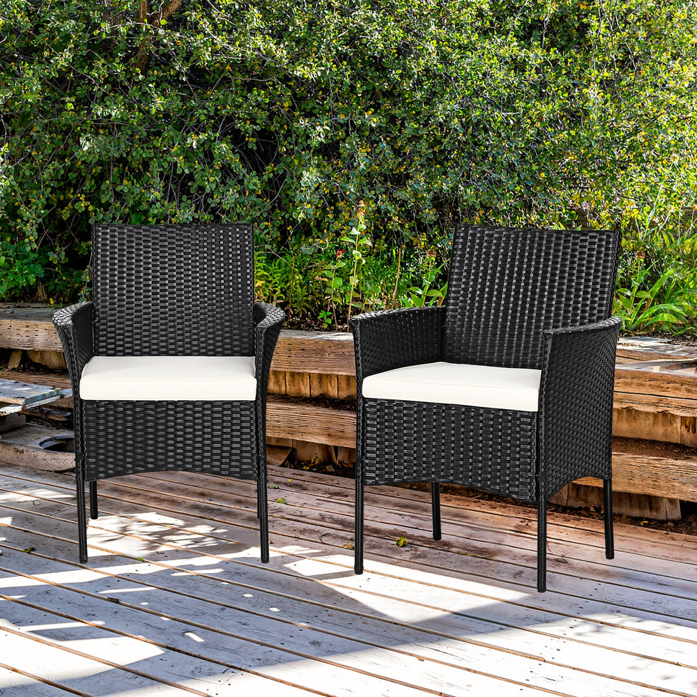 Two patio wicker chairs with cozy seat cushions, featuring weather-resistant PE rattan for outdoor use.