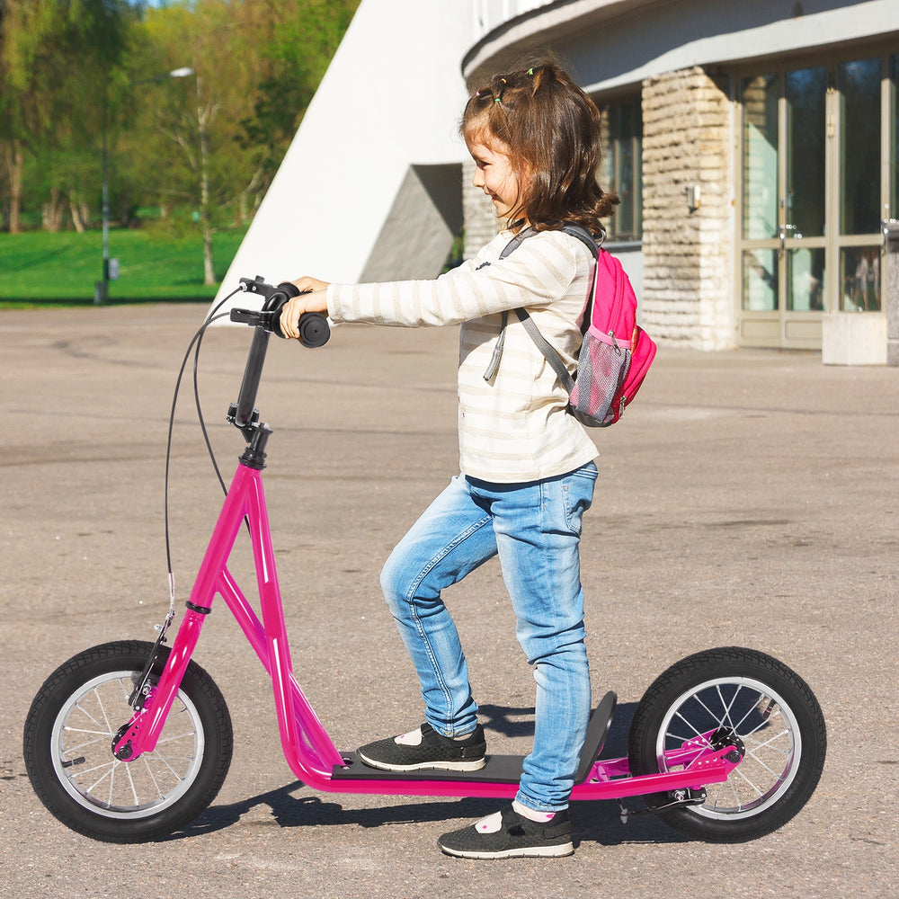 Height adjustable pink kick scooter with 12" air filled wheels, suitable for kids over 8, perfect for commuting and.