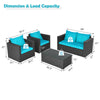 Patio rattan furniture set with turquoise cushions, includes two chairs and a coffee table with tempered glass top.