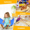 Kids enjoying the 3-in-1 wooden arch triangle rocker climber set with ramp and blue mat for versatile play.
