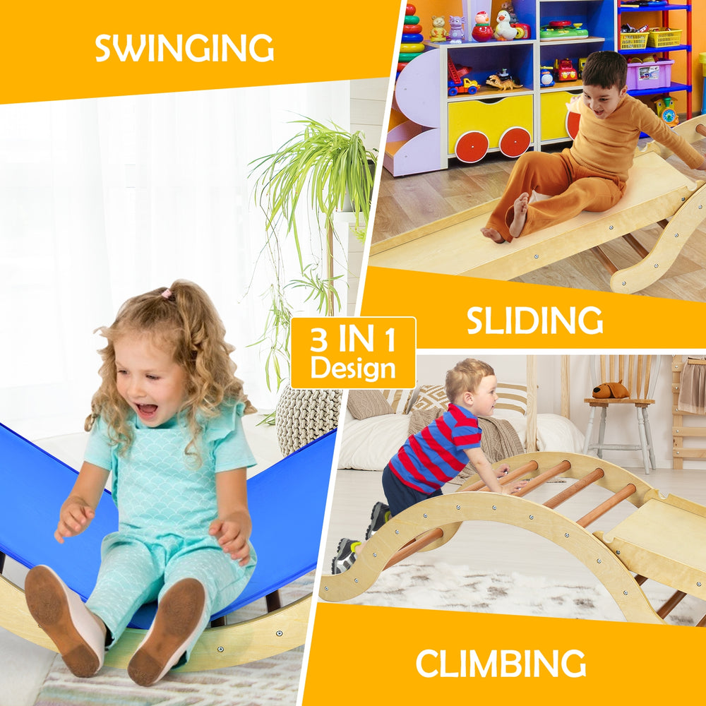 Kids enjoying the 3-in-1 wooden arch triangle rocker climber set with ramp and blue mat for versatile play.