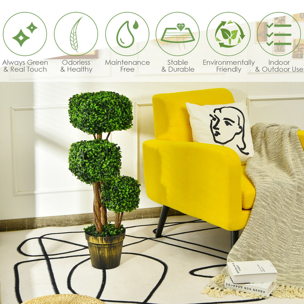 Artificial 36-inch boxwood topiary tree with three trunks and green foliage in a golden planter for indoor and outdoor.