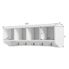 Wall-mounted entryway shelf showcasing five double hooks and four storage compartments for efficient organization.