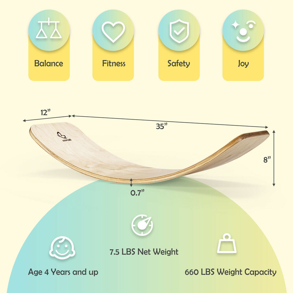 Curved 12-inch wobble board made of natural birch wood, suitable for balance training and versatile play for all ages.
