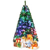 6-foot pre-lit fiber optic artificial Christmas tree with colorful lights and wrapped gifts underneath for festive.