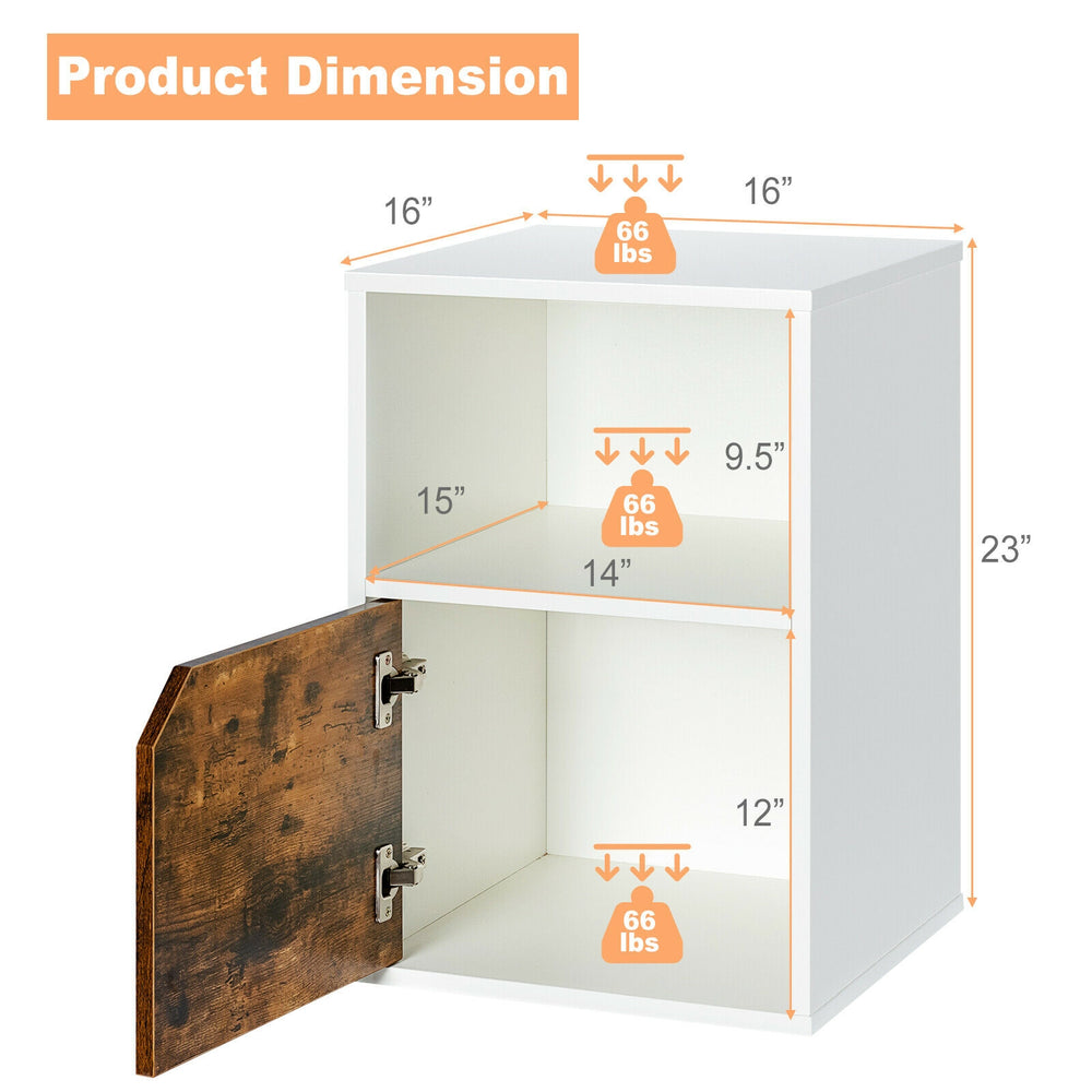 Dimensions of the white nightstand set with open shelf and cabinet, supporting 66 lbs per shelf for versatile storage.