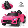 Pink 12V kids ride-on Maserati car with remote control, LED lights, and safety features for ages 37-96 months.