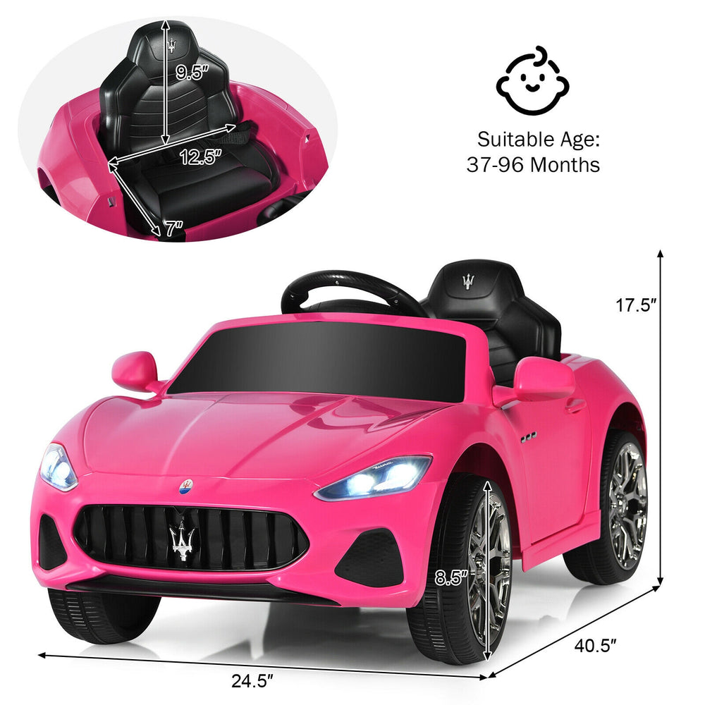 Pink 12V kids ride-on Maserati car with remote control, LED lights, and safety features for ages 37-96 months.