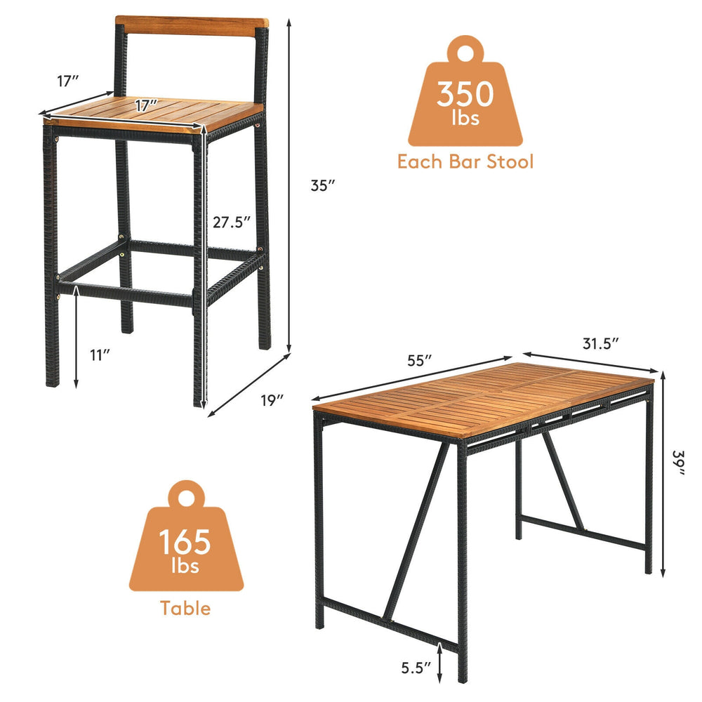 7-piece acacia wood patio bar set with 6 stools, umbrella hole, and durable PE rattan for outdoor gatherings.