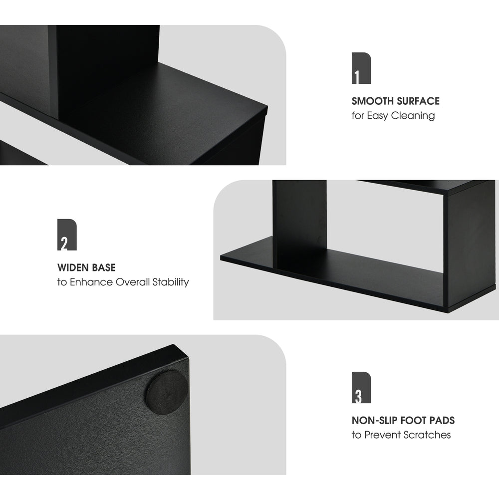 6-tier S-shaped black bookshelf with smooth surface, wide base for stability, and non-slip foot pads for safety.