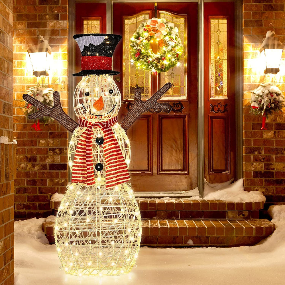 Pre-lit snowman decoration with 80 LED lights, showcasing a festive design with scarf and top hat for indoor/outdoor.